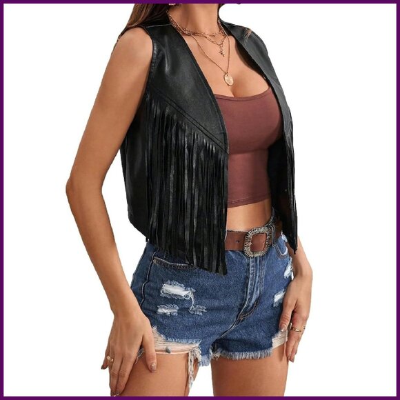 Jackets & Blazers - Western Fringe PU Leather Vest Sleeveless Cropped Boho Hippie Style